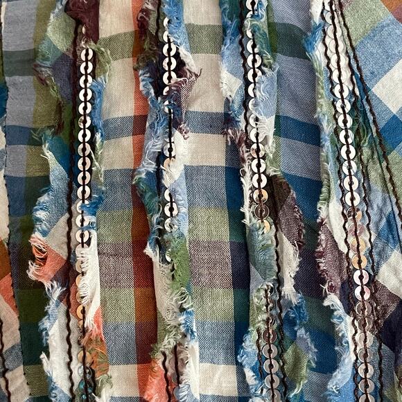 BKE Blue Rust Plaid Button Down Shirt MED Sequins Smocked Back Roll Tab Sleeves - Picture 7 of 10